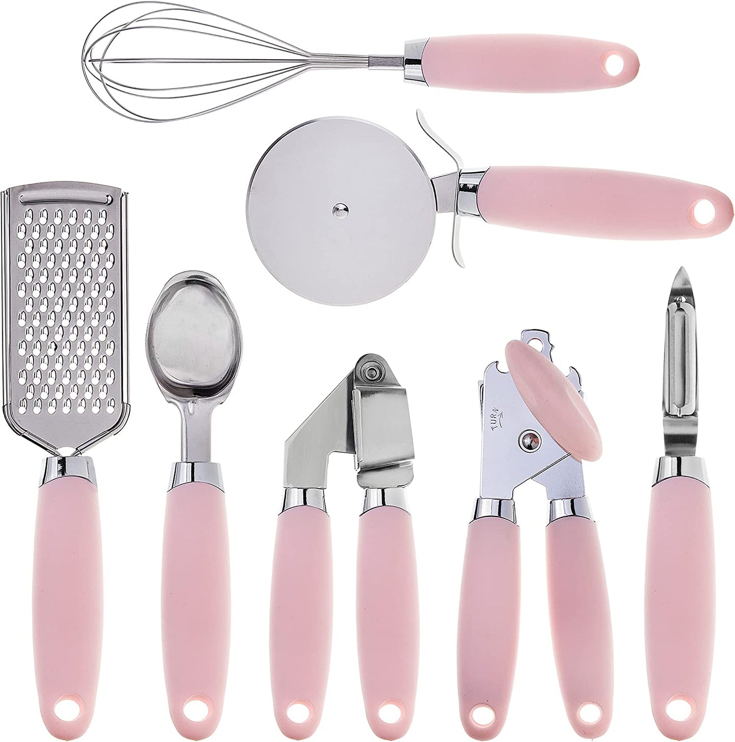 7-Piece Stainless Steel Kitchen Gadget Set with Soft Touch Pink Handles for Enhanced Cooking Experience