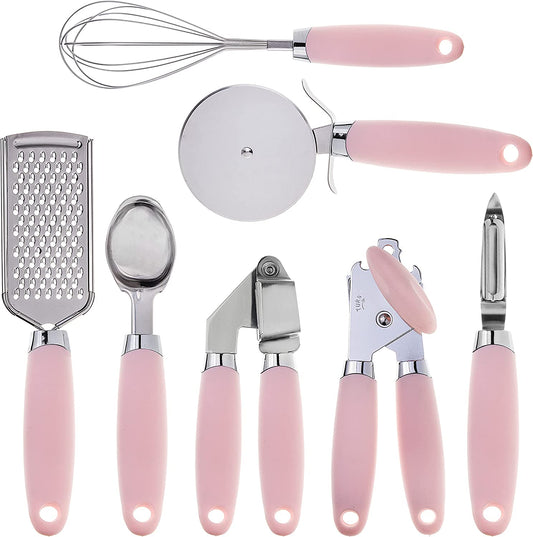 7-Piece Stainless Steel Kitchen Gadget Set with Soft Touch Pink Handles for Enhanced Cooking Experience