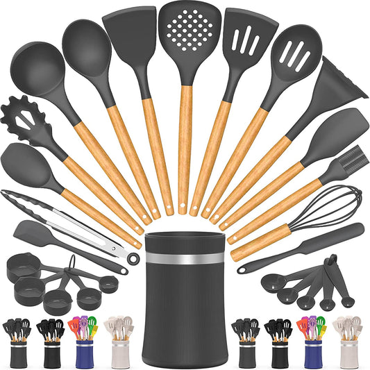 26-Piece Kitchen Cooking Utensils Set - Includes Non-Stick Silicone Cooking Utensils Spatula Set with Wooden Handles, Holder Included; Grey Colo