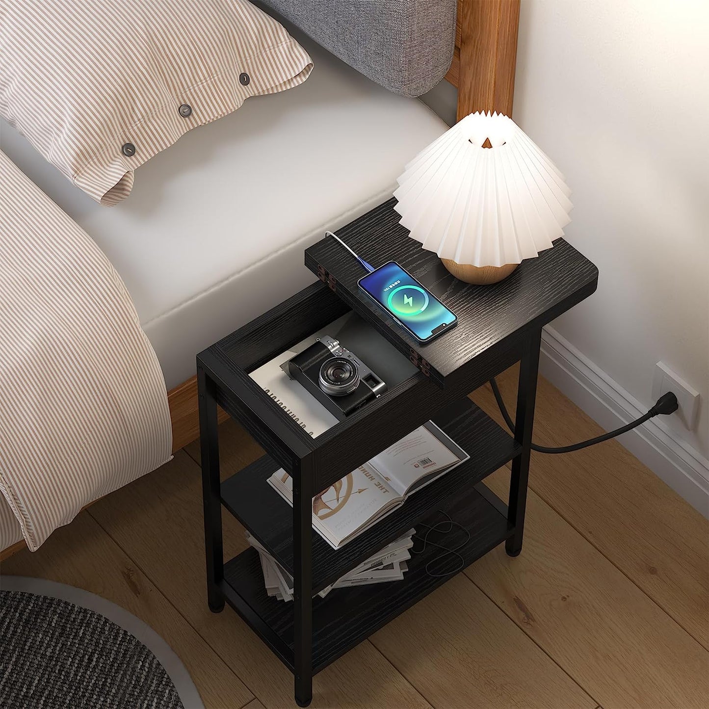 Charging Station End Table: Narrow Couch Side Table with USB Port, Outlet, and Flip-Top Design - Ideal for Small Spaces in Living Room or Bedroom - Color: Black