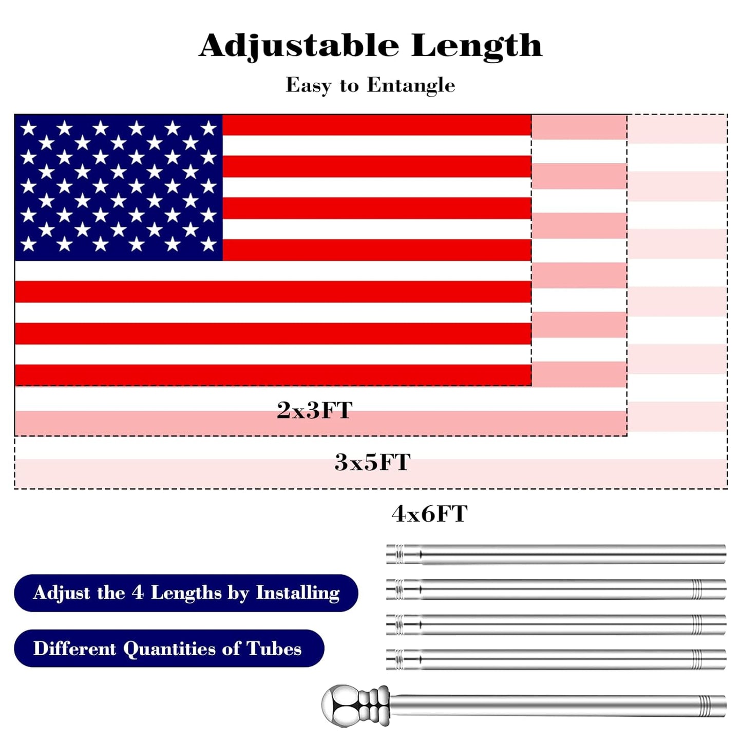 6FT Flag Pole Kit - Heavy Duty Stainless Steel Adjustable Flag Pole with 180 Degree Bracket - Ideal for Outdoor Use in Truck, Porch, Garden, Yard, and House