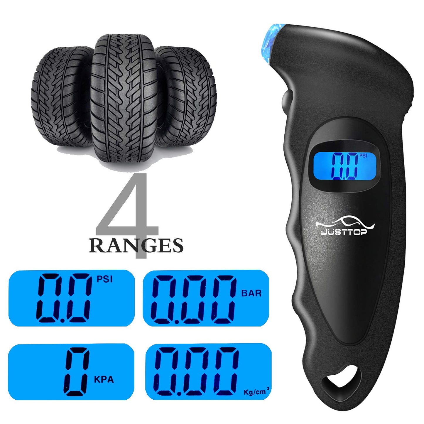 Black Digital Tire Pressure Gauge: Suitable for Cars, Trucks, and Bicycles with 4 Pressure Settings up to 150PSI. Equipped with Backlit LCD for Easy Reading and an Anti-Skid Grip for Accurate Measurements.