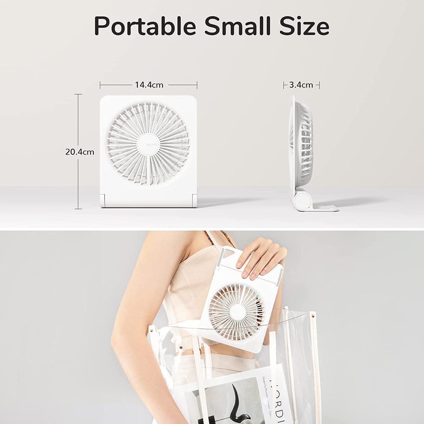 Portable USB Rechargeable Desk Fan: Enjoy the Convenience of a Small and Folding Personal Mini Fan with a 4500mAh Battery. It Provides Strong Wind and Operates Ultra Quietly with 4 Speed Modes, Making it Perfect for Office, Home, and Camping Use in White.