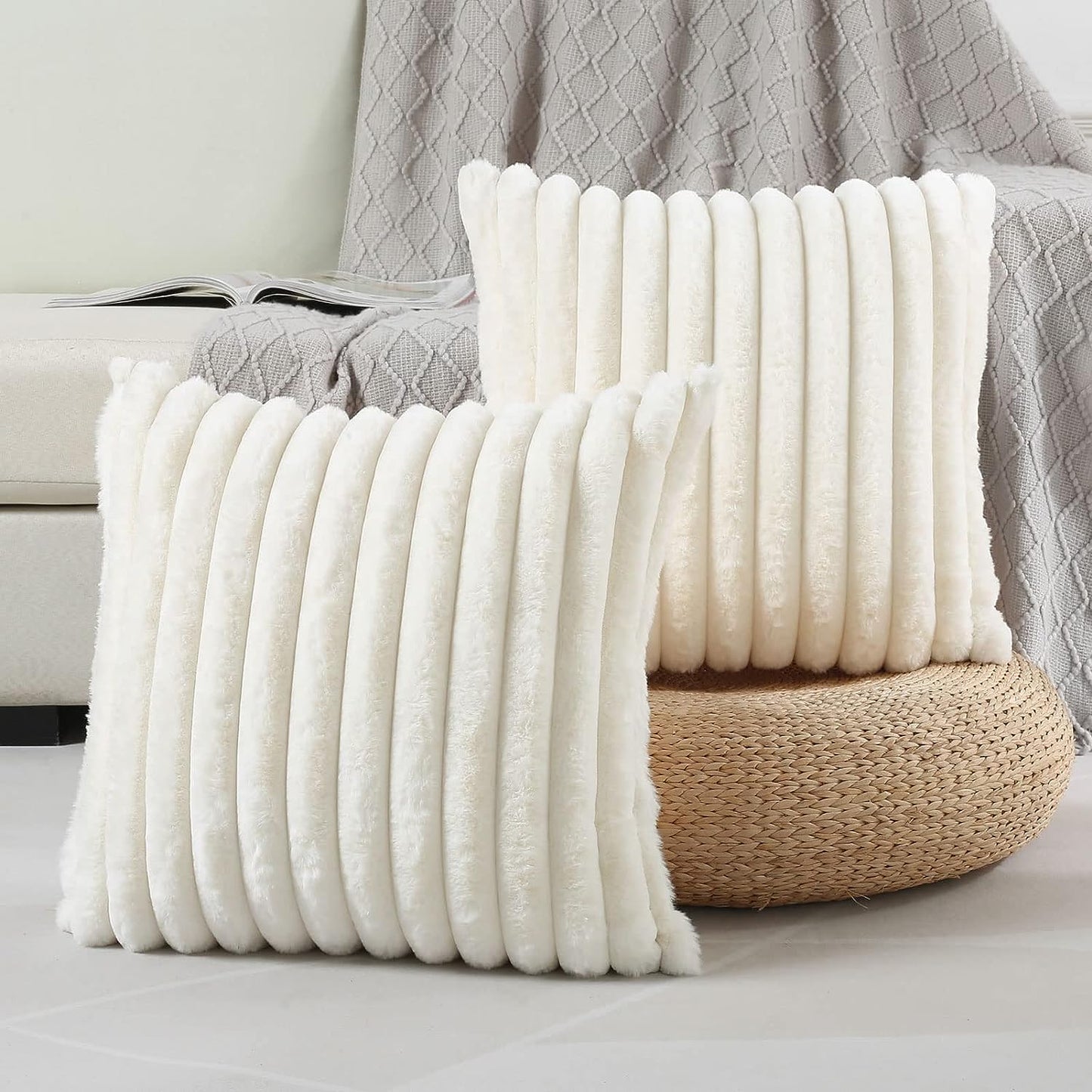 Set of 2 Cream White 20x20 Inch Throw Pillow Covers - Cozy Faux Rabbit Fur Striped Design with Velvet Back for Modern Couch Decor.