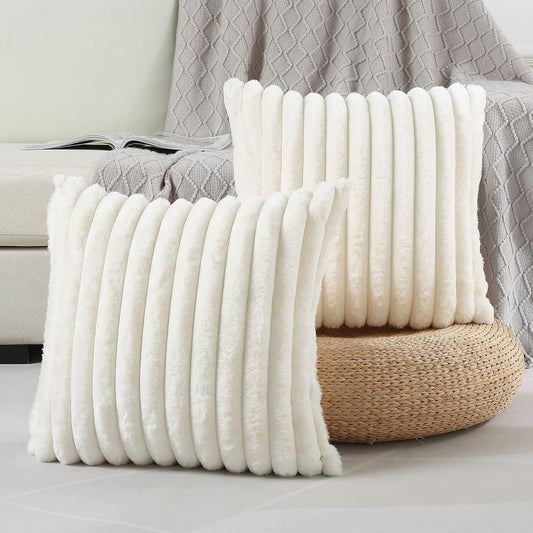 Set of 2 Cream White 20x20 Inch Throw Pillow Covers - Cozy Faux Rabbit Fur Striped Design with Velvet Back for Modern Couch Decor.