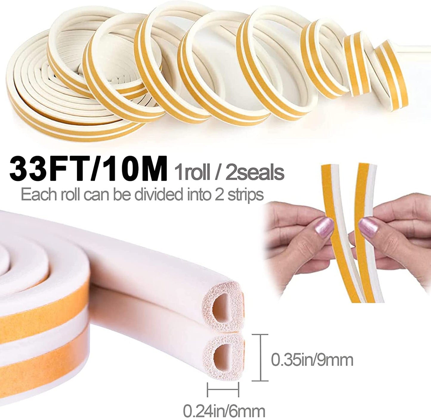Durable Self-Adhesive Door and Window Weather Stripping, Soundproofing Draught Excluder Strip for Cracks and Gaps, 33 Ft, White