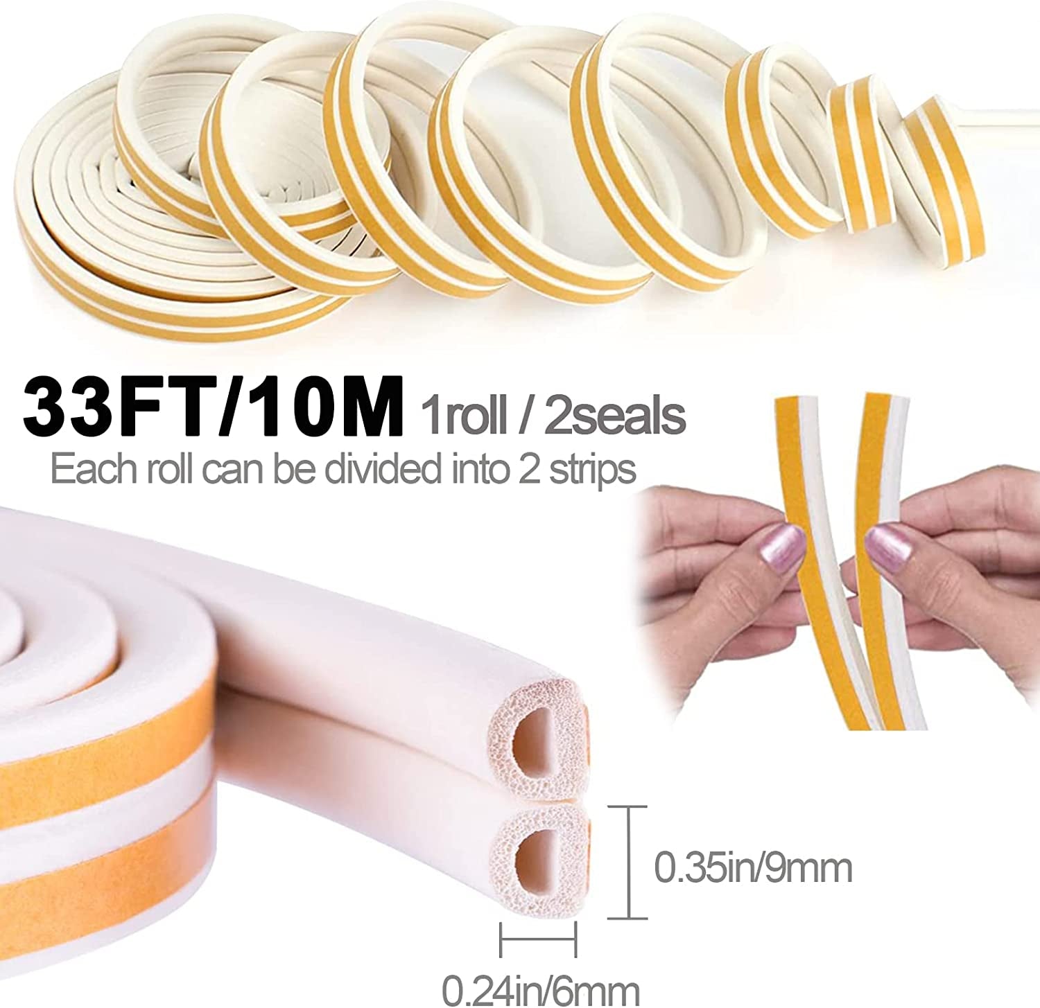 Durable Self-Adhesive Door and Window Weather Stripping, Soundproofing Draught Excluder Strip for Cracks and Gaps, 33 Ft, White