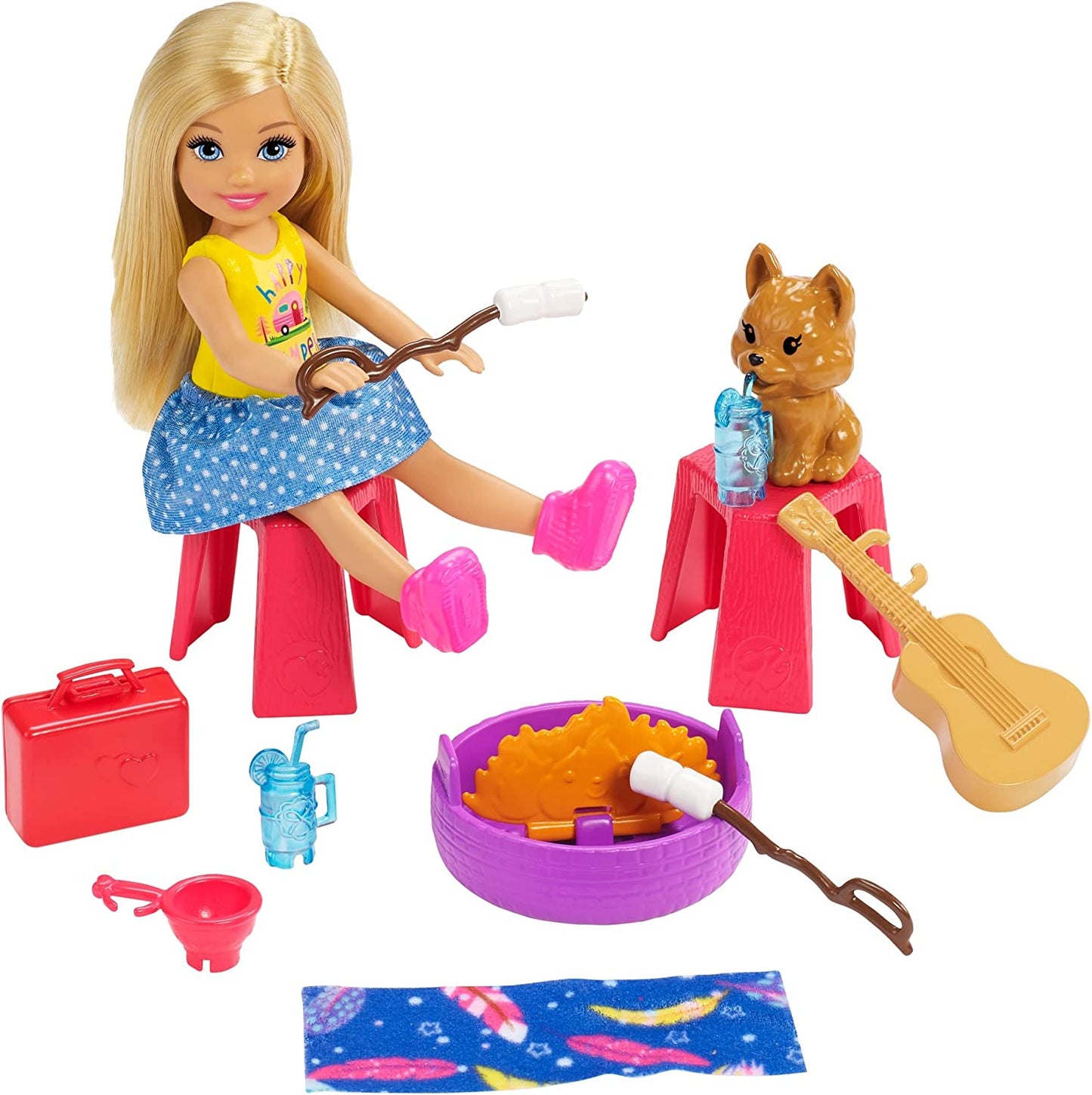 Club Chelsea Toy Car & Camper Playset - Includes Blonde Chelsea Small Doll, Puppy, and 10+ Accessories. Unhitch & Open for Campsite Fun.