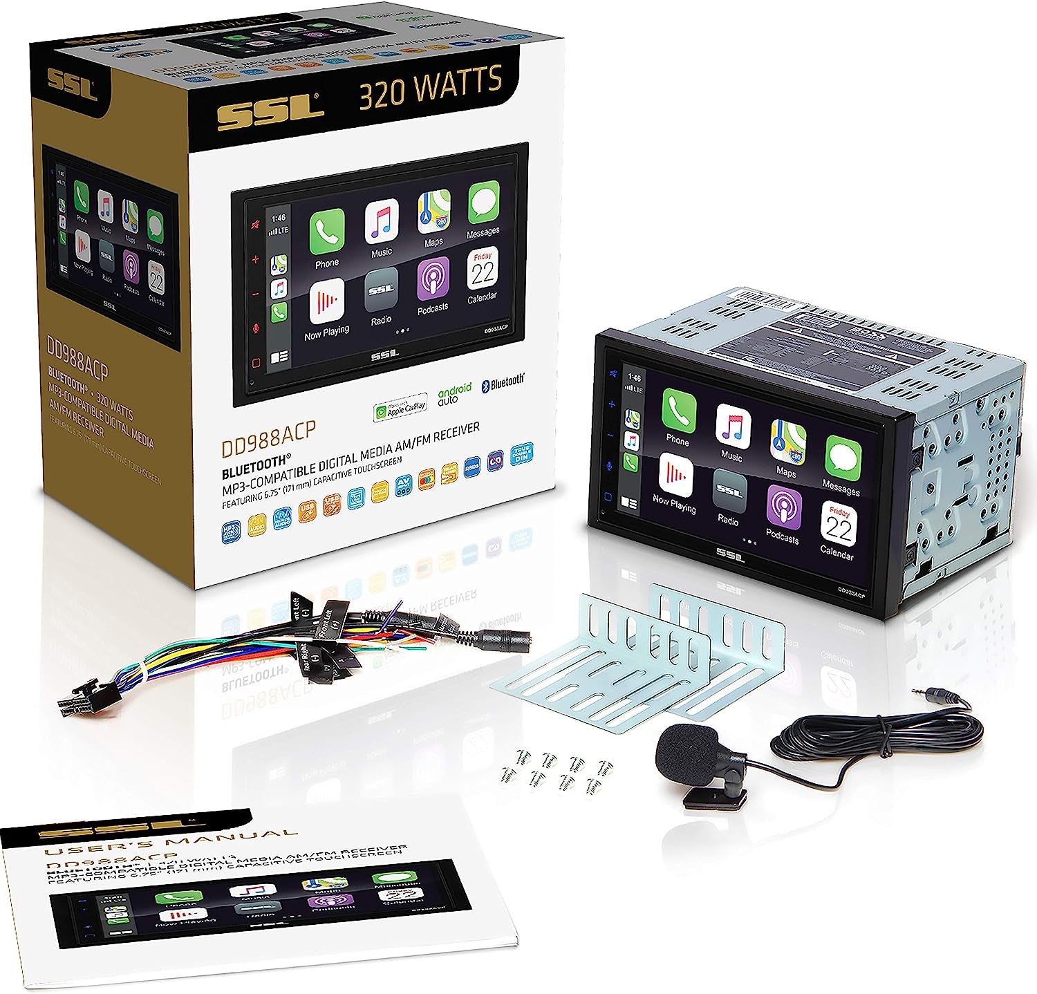 Car Audio Stereo System - Features Apple CarPlay, Android Auto, 6.75 Inch Double-Din Touchscreen, Bluetooth Audio and Calling Capabilities. This Head Unit does not include a CD Player but serves as a Radio Receiver.