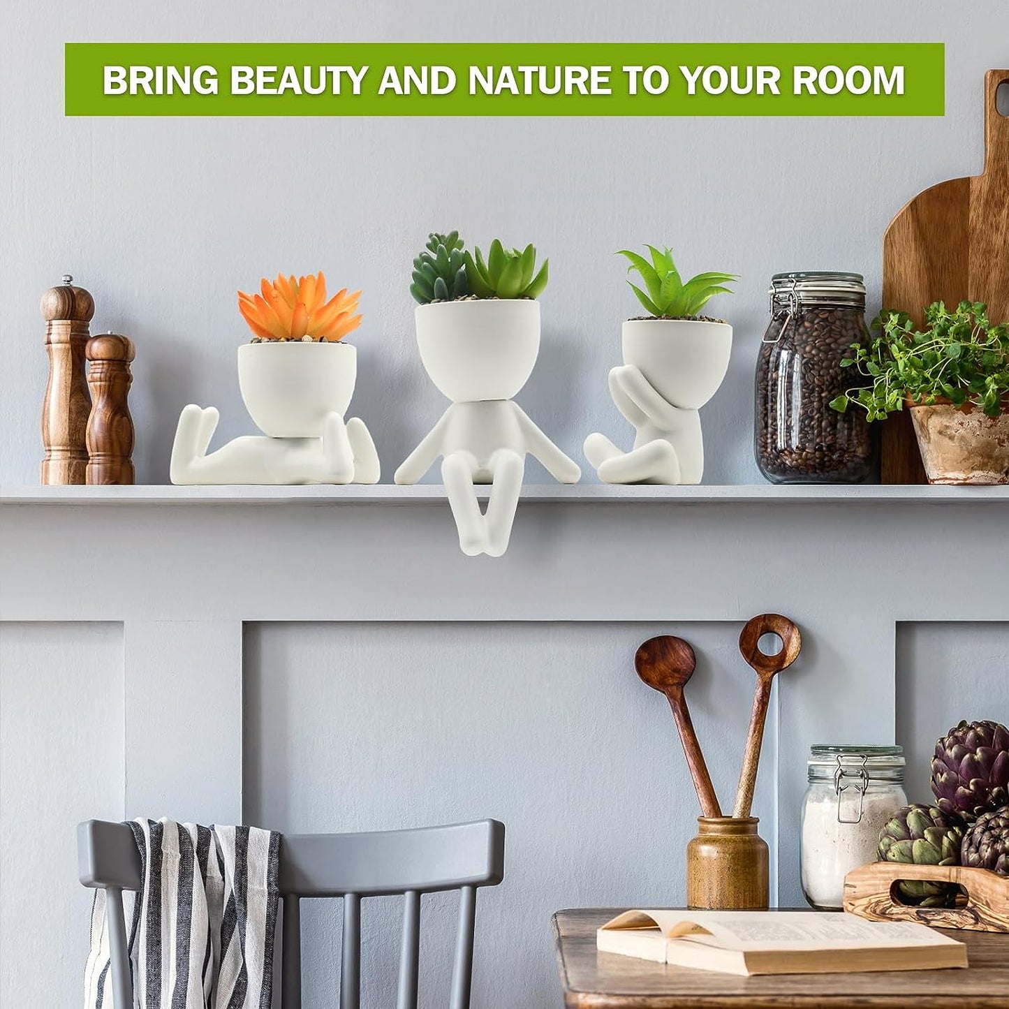 Set of 3 Artificial Succulent Plants in Ceramic Pots - Cute Human-Shaped Faux Succulents, Perfect for Desk, Shelves, Bathroom, Living Room, and Office Decoration in White.