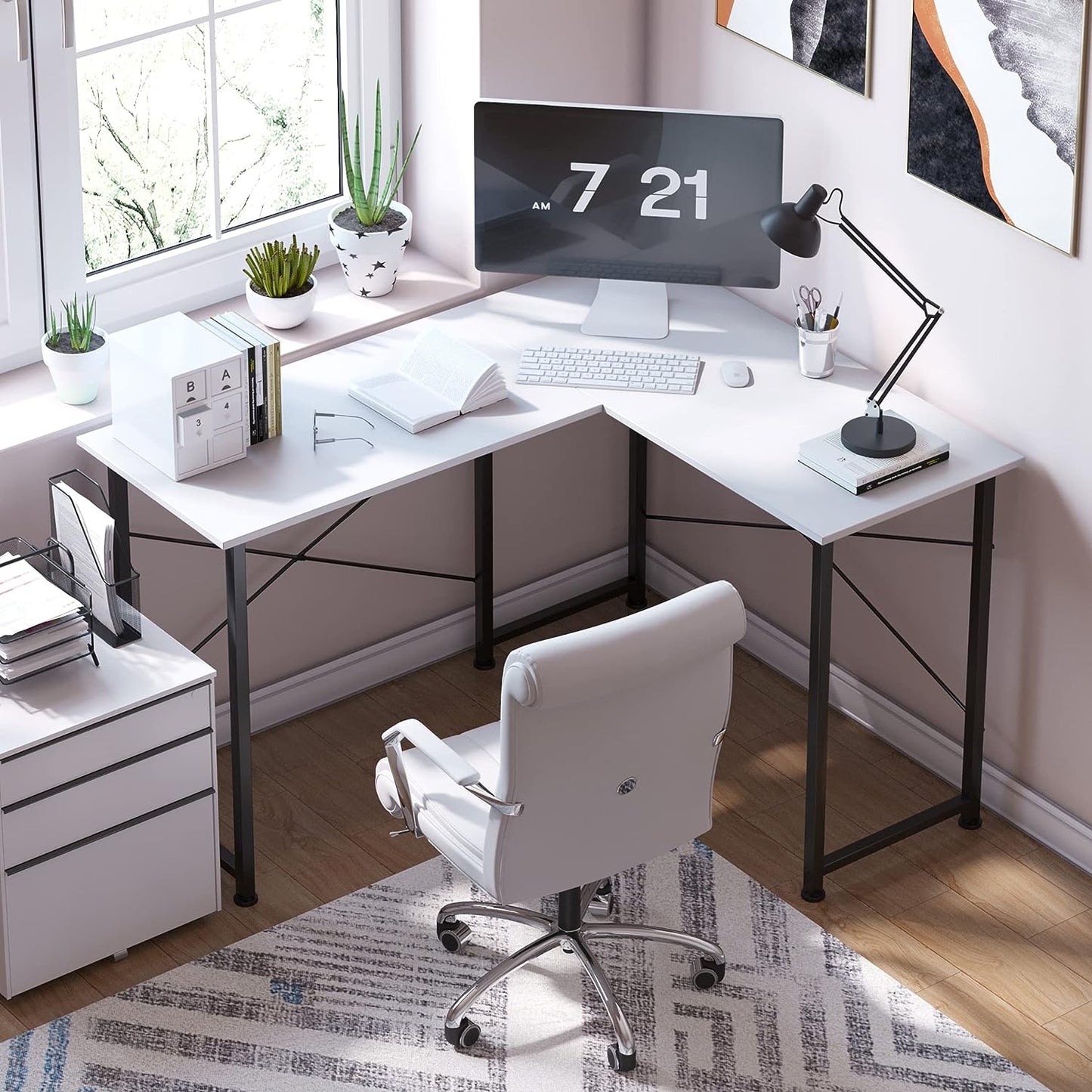 L-Shaped Computer Desk: 49.6 Inch Corner Desk with X-Shaped Metal Frame. Ideal Gaming and Writing Desk for Home Office in White