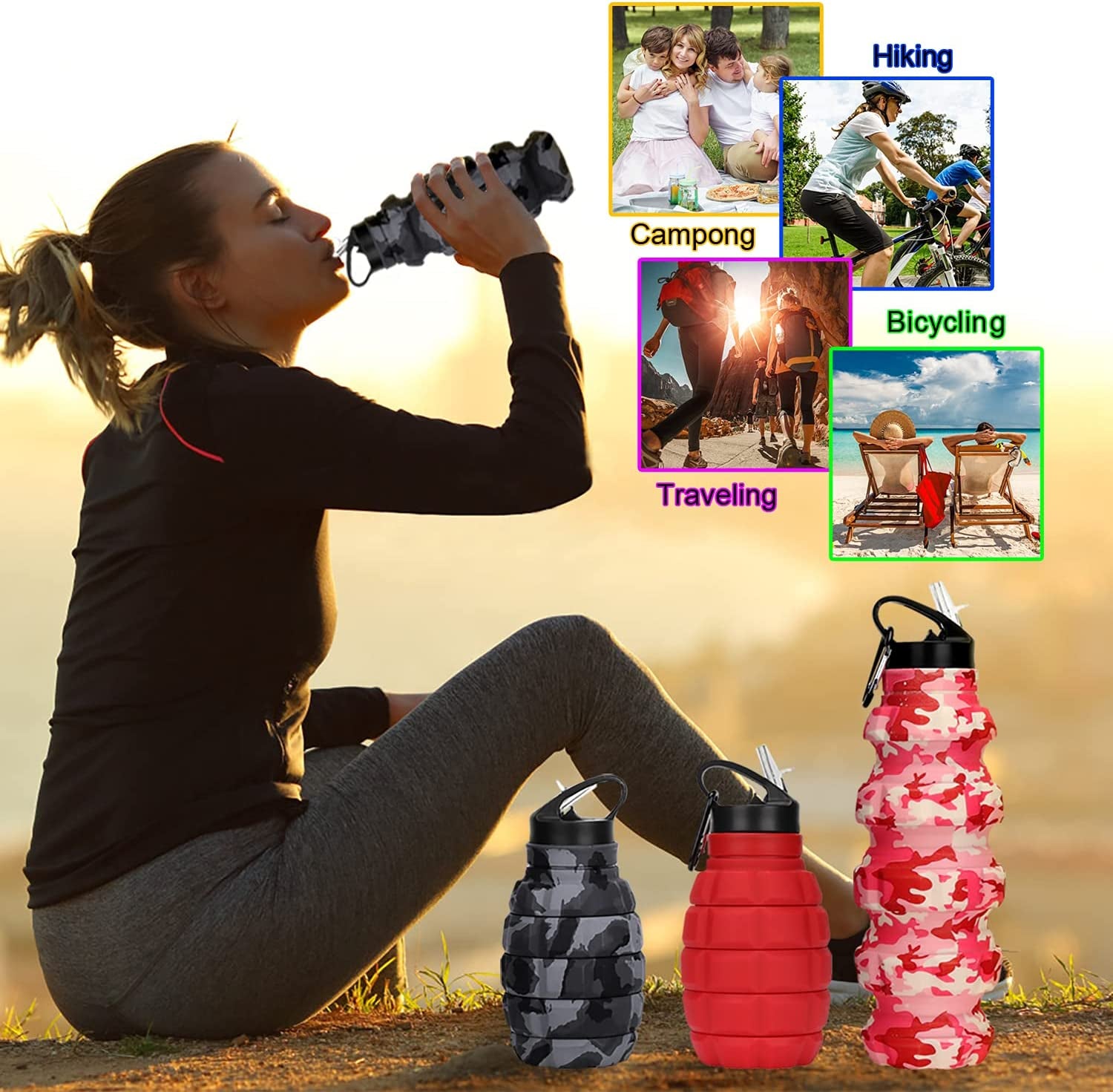 18oz Collapsible Travel Water Bottle - BPA-Free Silicone, Foldable and Reusable - Perfect for Gym, Camping, Hiking - Portable and Leak-Proof Sports Water Bottle with Carabiner - Dark Gray Camouflage Design.