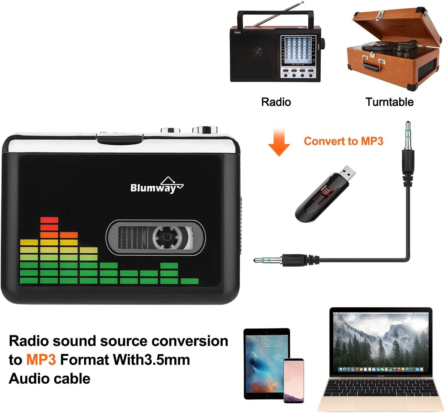 Portable Walkman-Style USB Cassette to MP3 Converter - Transform Your Audio Music Cassette Tapes to Digital Format with Included Earphones, No Computer Required