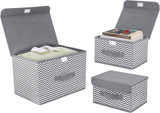 Storage Boxes with Lids, 3 Pack Foldable Storage Organiser Box with Handle Large Storage Bins for Toy, Books, Closet, Bedroom, Home(Light grey)