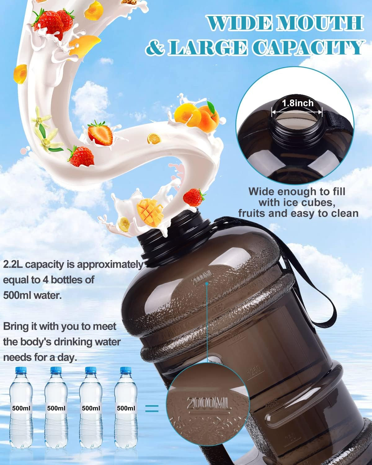 Large Capacity Sports Water Jug with Handle and Strap: 2.2L Half Gallon Water Bottle, Leak-Proof, Perfect for Workout, Camping, and Cycling
