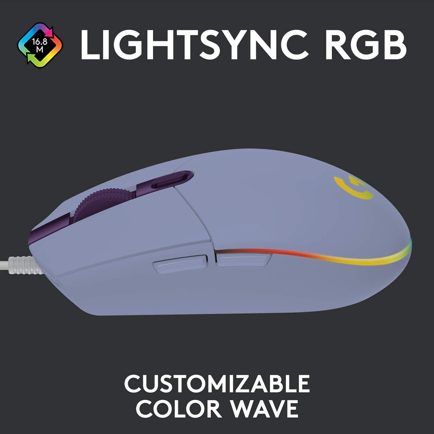 Wired Gaming Mouse 203: 8,000 DPI, Rainbow Optical Effect LIGHTSYNC RGB. Features 6 Programmable Buttons, On-Board Memory, and Screen Mapping. Compatible with PC/Mac Computer and Laptop. Available in Lilac.