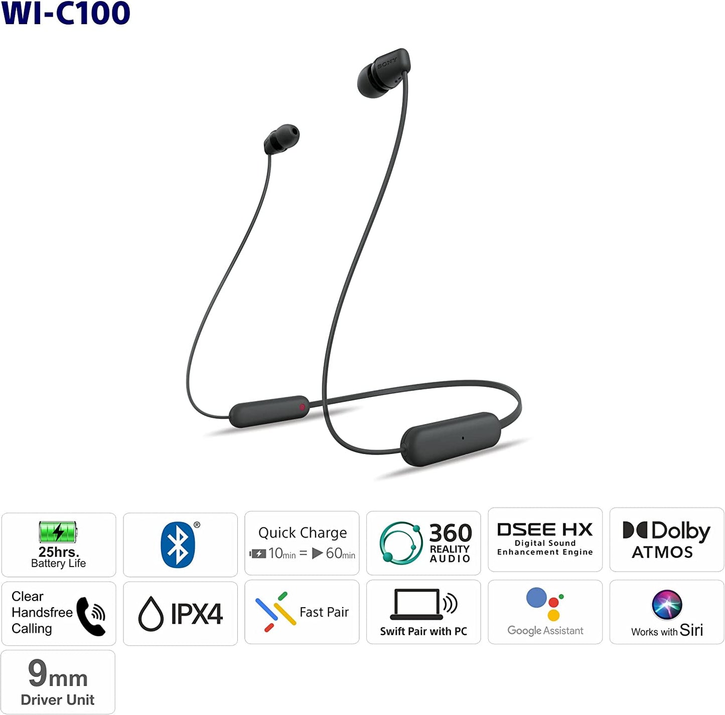 WI-C100 Wireless In-Ear Bluetooth Headphones with Built-In Microphone