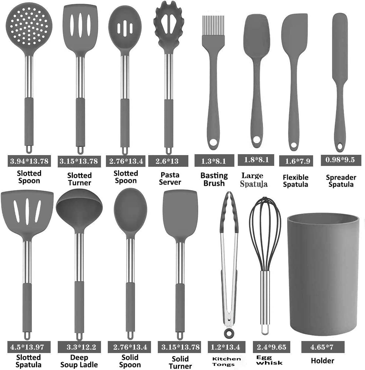 25-Piece Silicone Kitchen Utensils Set with Heat Resistant Stainless Steel Handle and Grey Silicone Grip