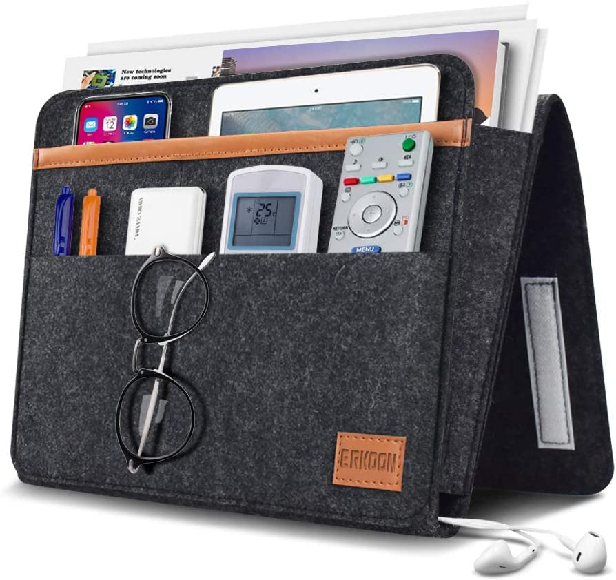 Thicker Felt Bedside Caddy: Hanging Storage Organizer Bag with Pocket for Books, Tablet, Remote Control, Phone, and Accessories - Dark Grey