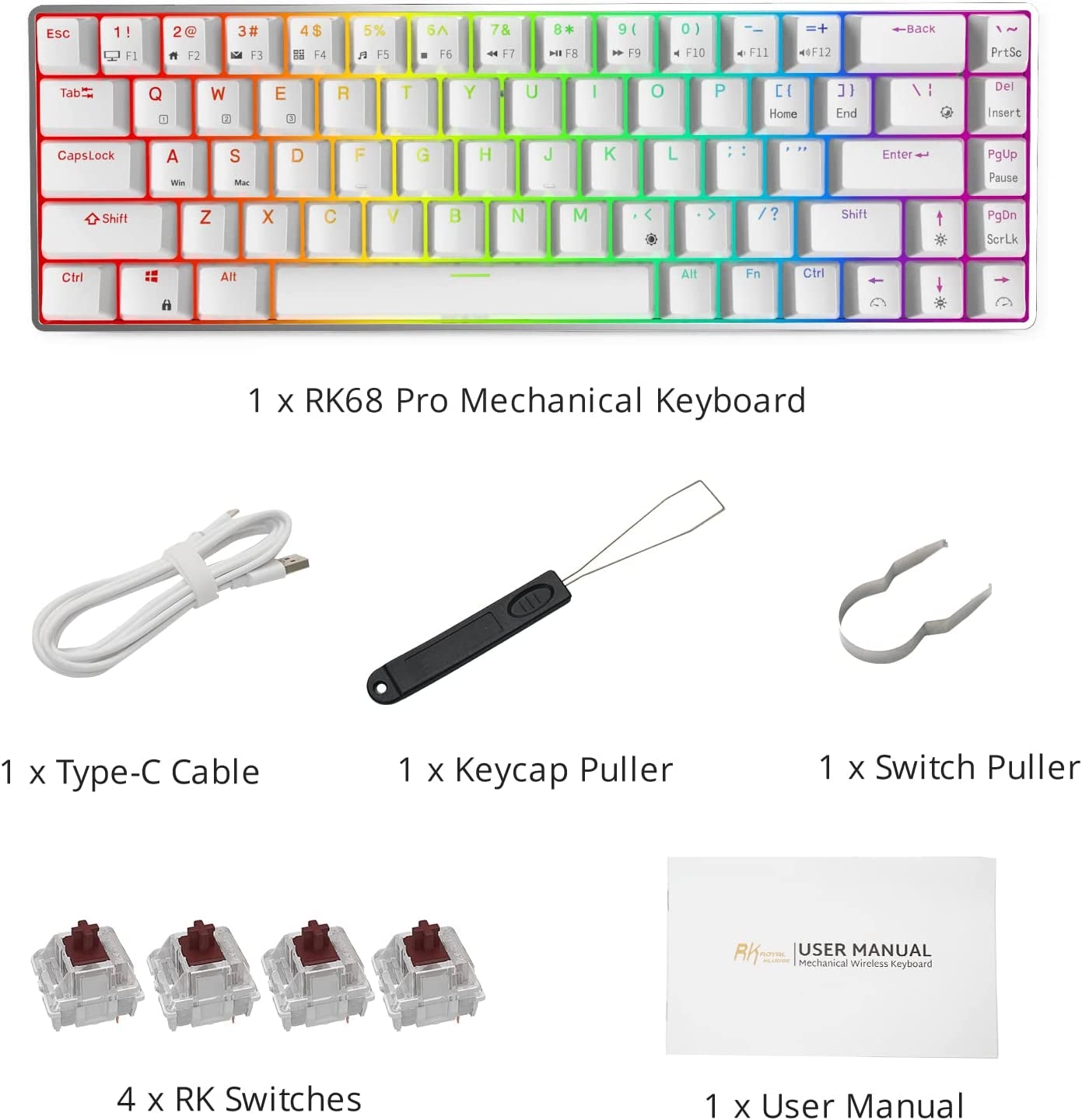 Wireless/Bluetooth/Wired RK68 Pro Mechanical Keyboard - Gateron Brown Switch Gaming Keyboard with CNC Case, RGB Hot Swappable, and Software for Win/Mac.