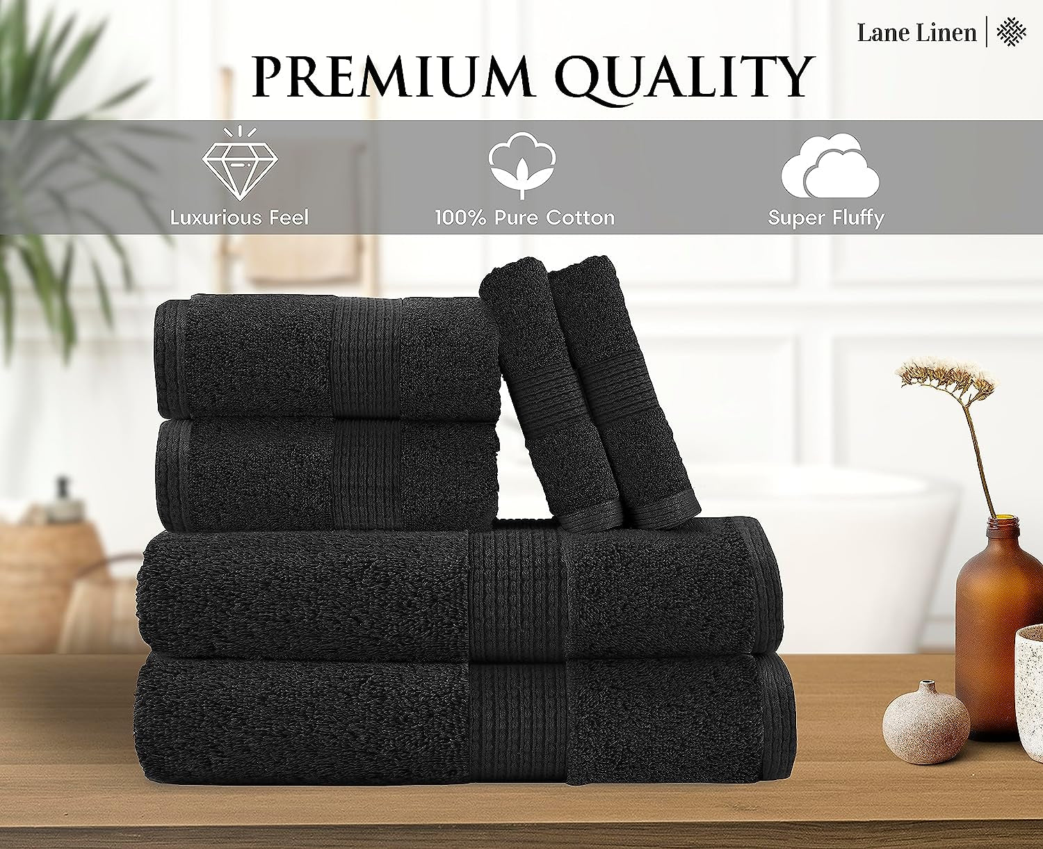 Black Bath Towels for Bathroom Set -100% Cotton 6 Pc Bath Towel Set, Super Absorbent Face Towels, Premium Towel Sets for Bathroom, Soft Bath Towels, 2 Bath Towel, 2 Hand Towels, 2 Wash Cloths