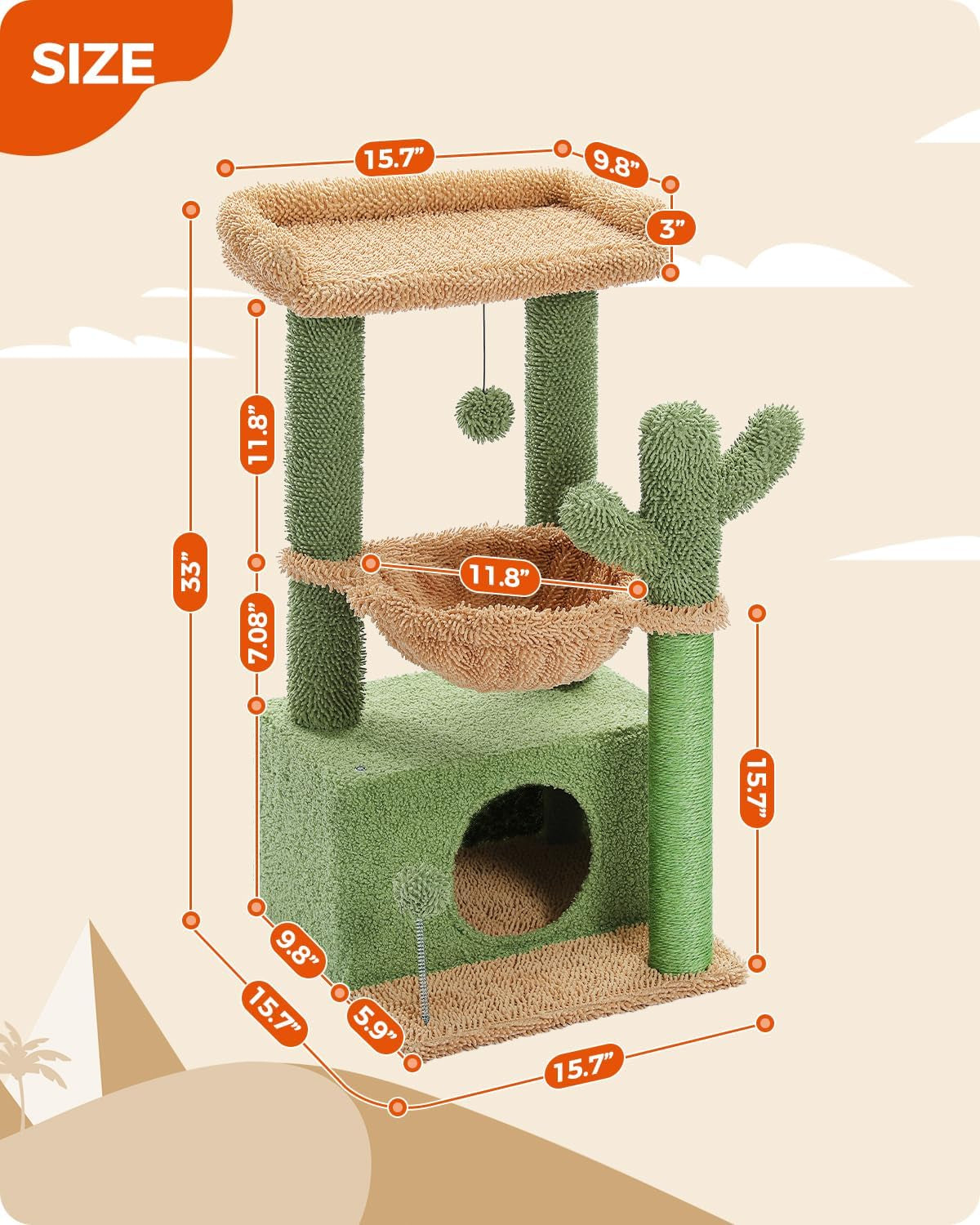 4-in-1 Cactus Cat Tree: A Spacious and Comfortable Cat Tower for Indoor Cats with a Large Condo, Scratching Post, Hammock, and Cozy Top Perch in Green Color - 33''=84CM