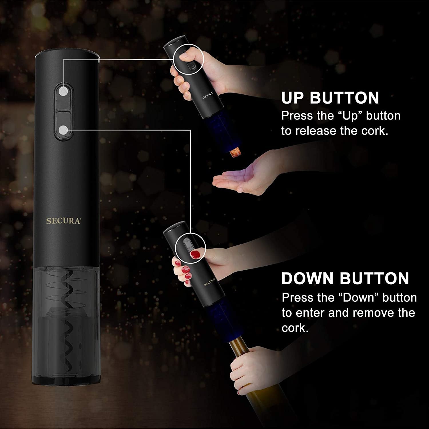 Rechargeable Automatic Electric Wine Bottle Corkscrew Opener with Foil Cutter (Black)