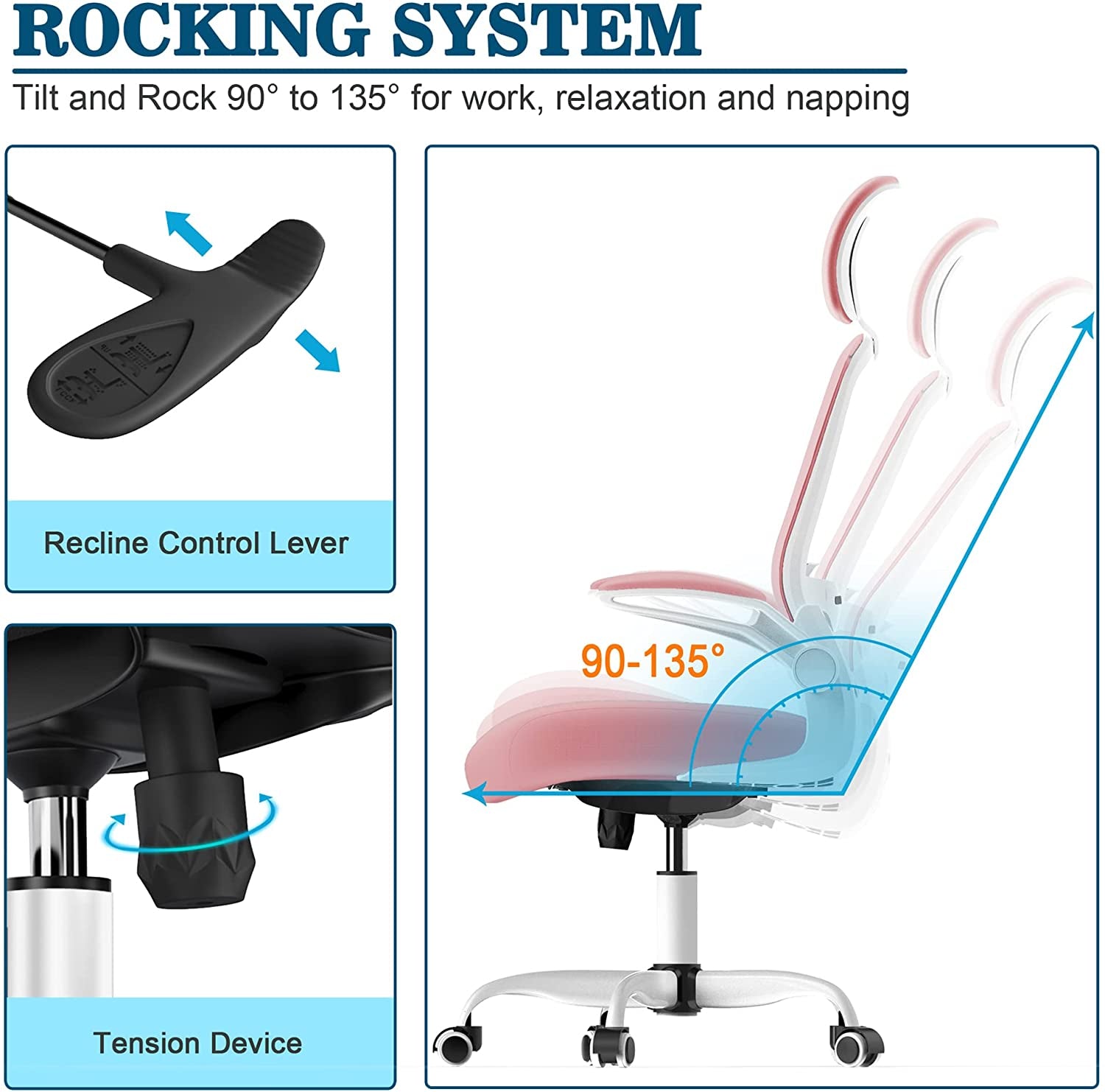 High Back Ergonomic Office Chair: This desk chair features Adjustable Lumbar Support and a Headrest flip-up Armrests