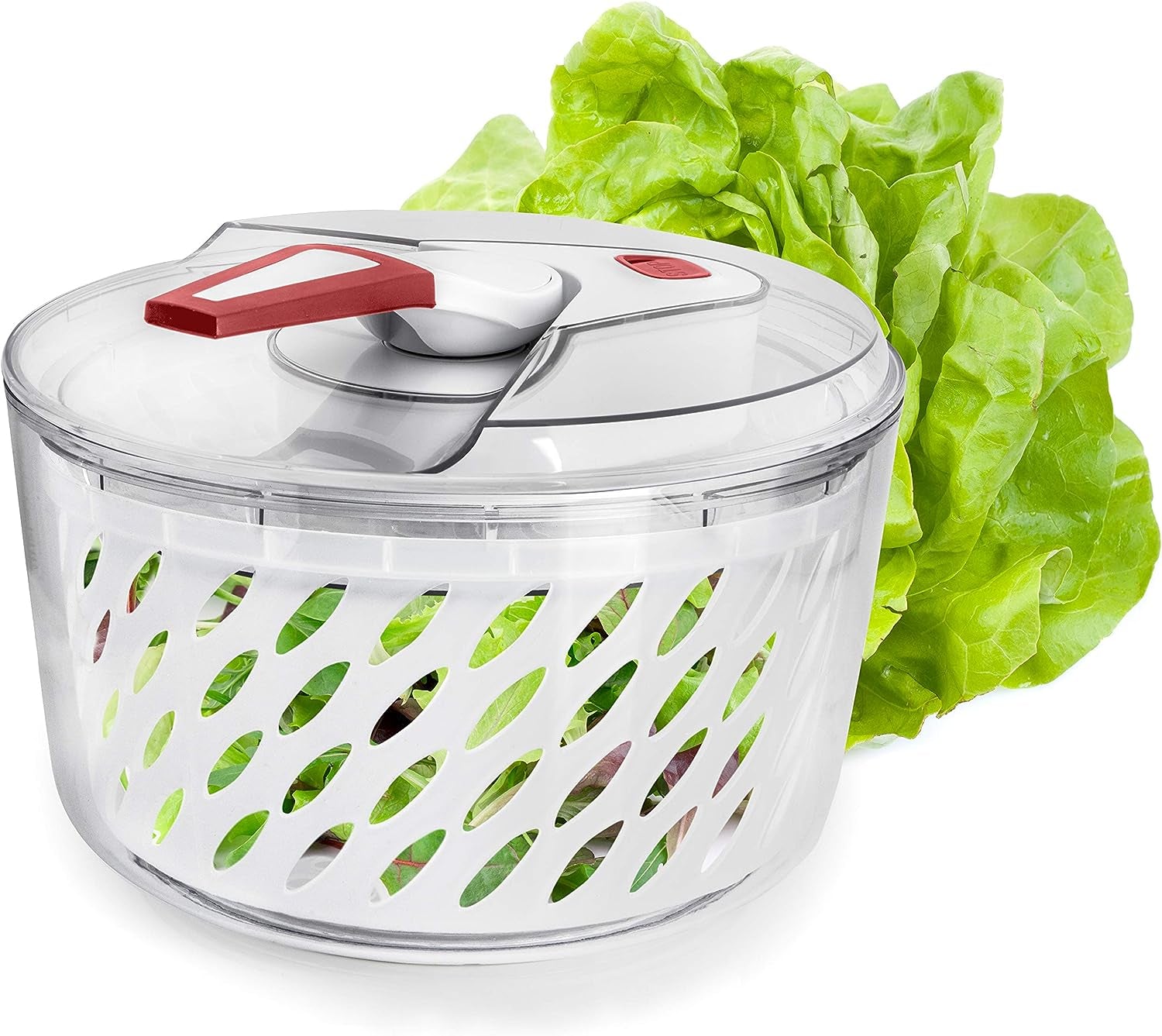 Effortless Large Salad Spinner with Serving Bowl and Lid: Perfect for Spinning Lettuce, Washing and Drying Fruits and Vegetables - Easy-to-Clean Kitchen Essential in Red and White