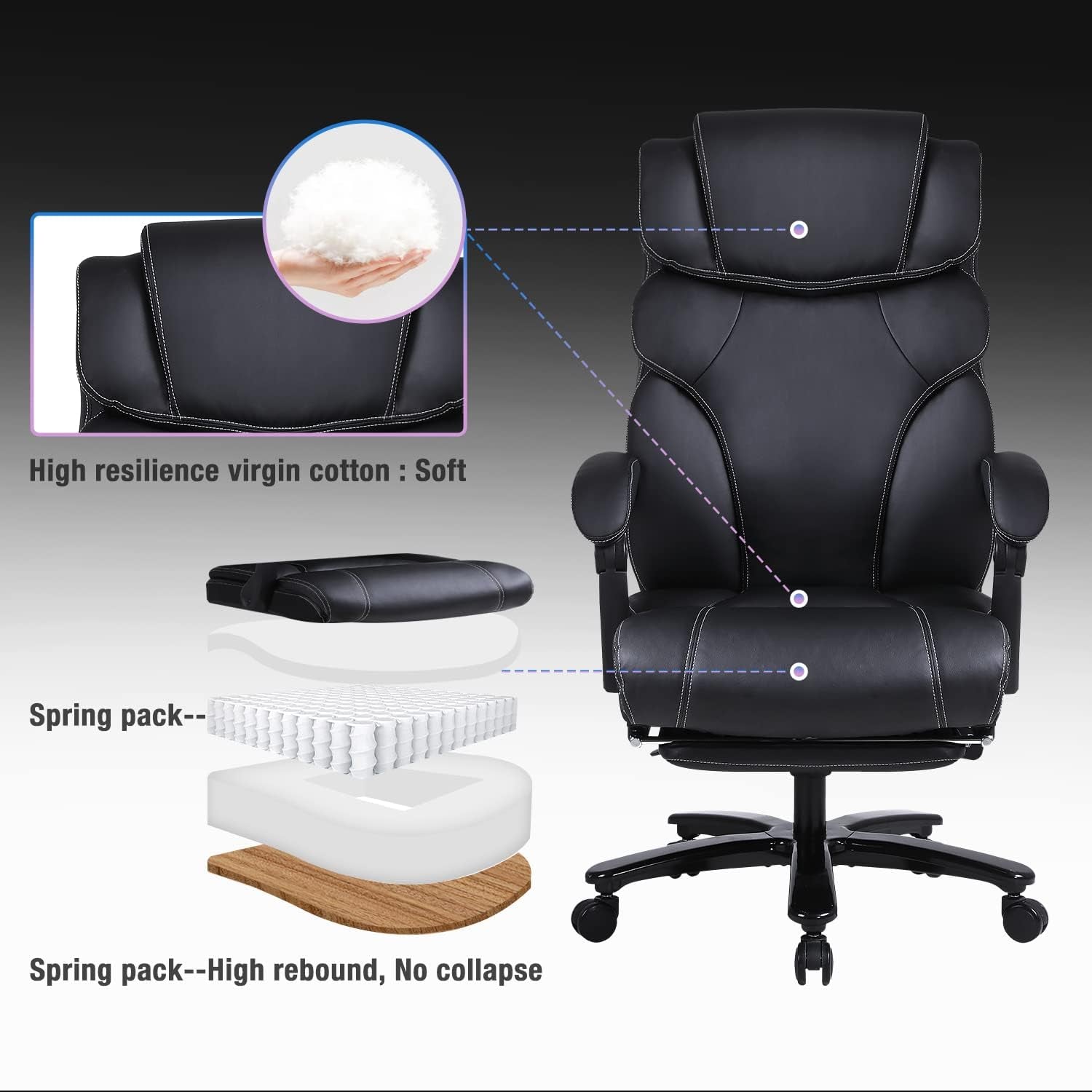 Tall Executive Office Chair - Ergonomic Leather Reclining Computer Desk Chair with Footrest, Adjustable Tilt Angle, High Back, Heavy Duty Metal Base, and Thick Padding. Identified as Model 9298-1 in Black.