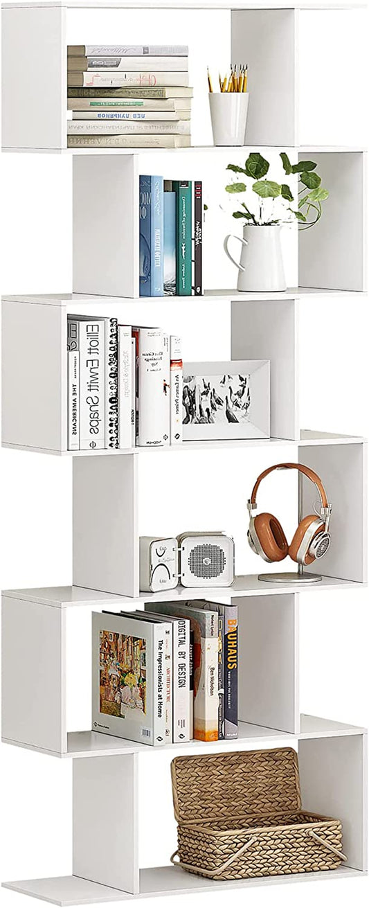 6-Tier Wooden S-Shaped Bookshelf in White - Ideal for Living Room, Bedroom, and Study Room Display.