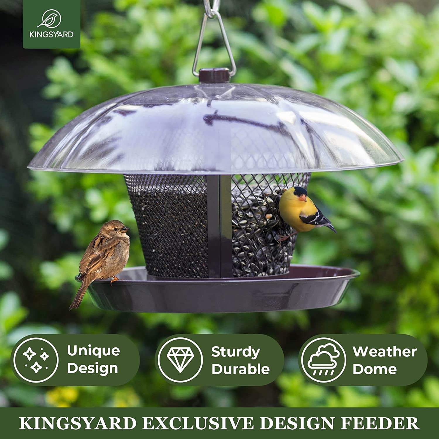 Weatherproof Dual Wild Bird Feeder - Metal Mesh Bird Feeder for Outside with Dome, Offers 2.5 lbs. Seed Capacity for Attracting Finch, Cardinal, and Other Birds.