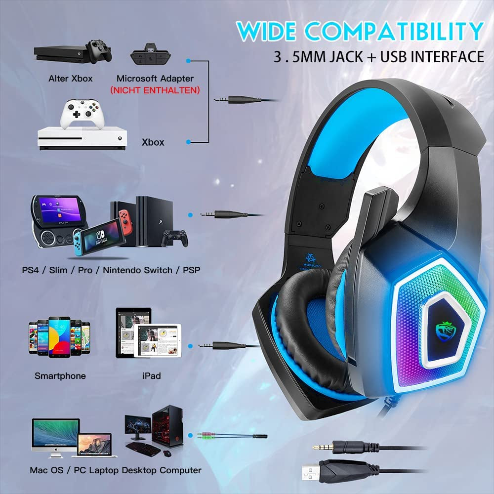 Stereo Over Ear Gaming Headphones for Xbox One, PS4, PS5, PC, Switch, Tablet, and Smartphone. Features Bass, 3.5mm Microphone, Noise Canceling, 7 LED Light, and Soft Memory Earmuffs. Includes Free Adapte