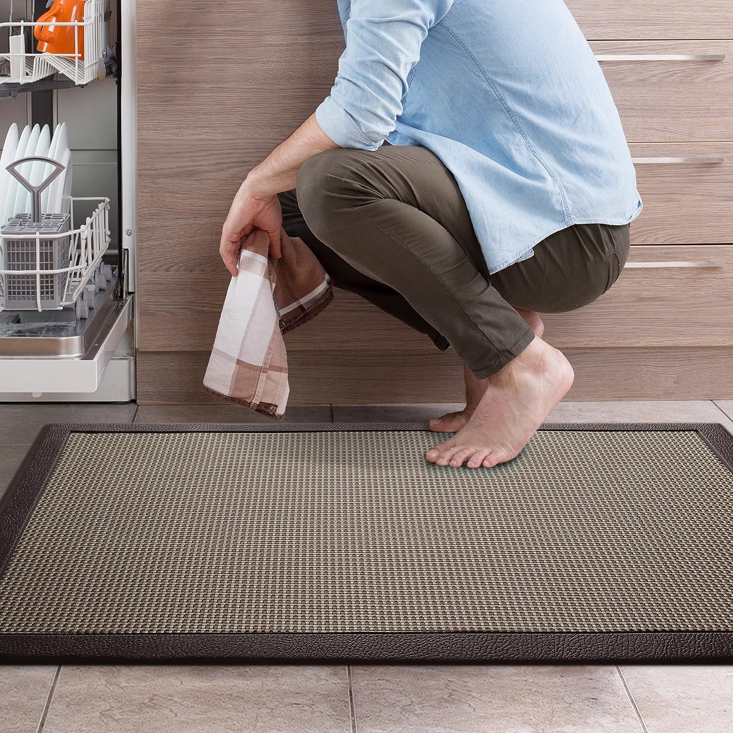 Ergonomic Anti Fatigue Mat in Brown: Provides Comfortable Standing in Kitchen, Bathroom, or Workstation. Memory Foam Mat measuring 39"×20"×0.50" (L×W×H).