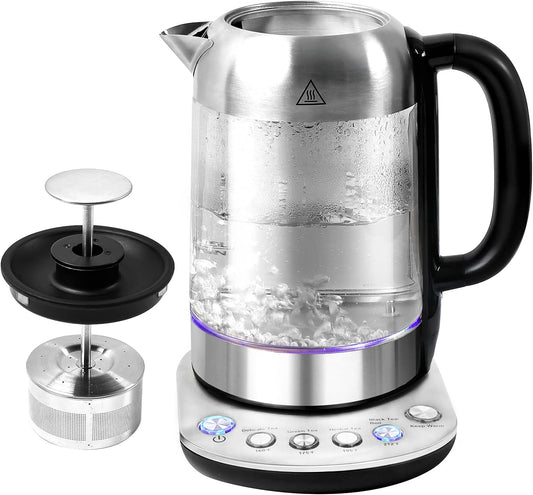 1500W Electric Tea Kettle - Detachable Infuser, 1H Keep Warm, 4 Presets, Smart Water Boiler, Strix Temperature Control, Auto Shutoff, Glass Kettle with Dry-Boil Protection, 1.7L