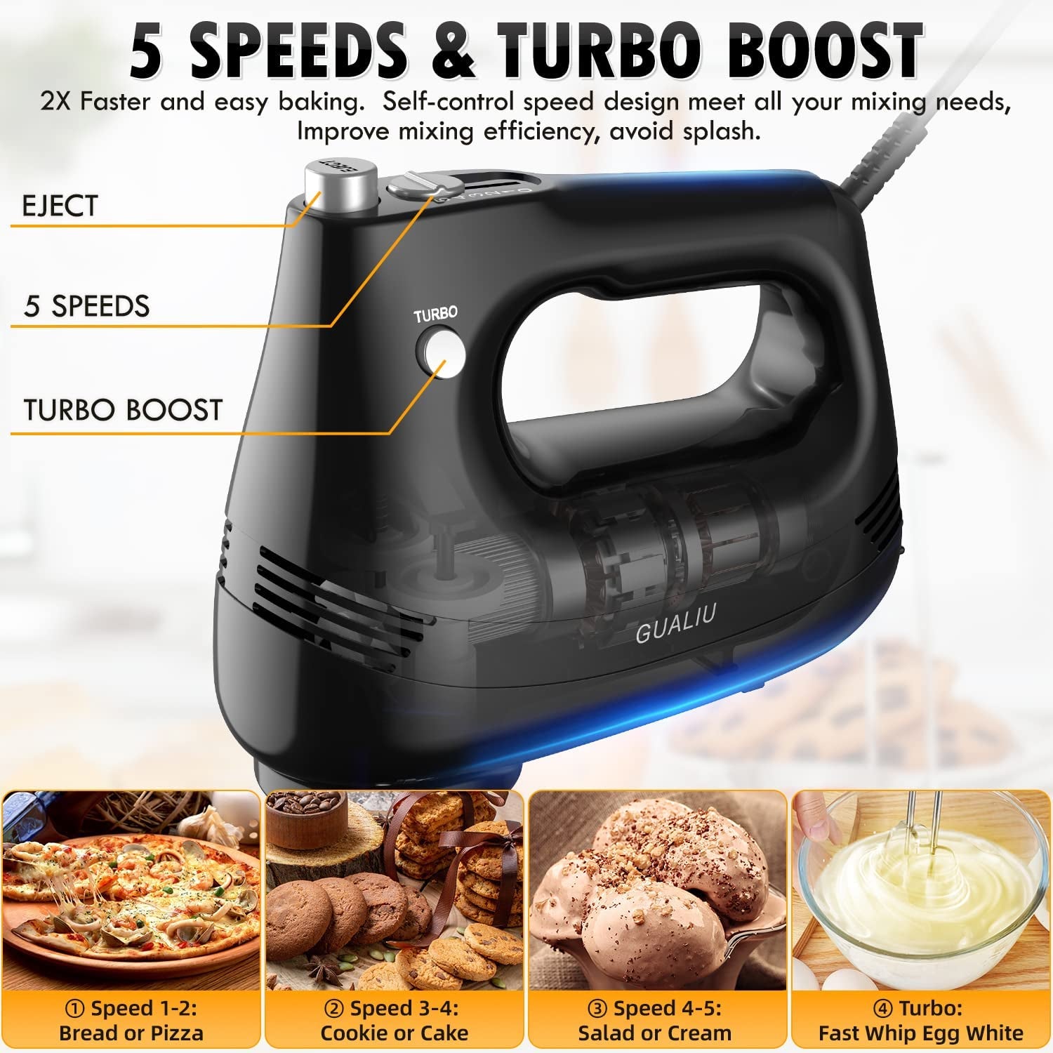Compact Electric Hand Mixer with Stainless Steel Egg Beater, Dough Hook Attachment, and Storage Bag - Lightweight Hand Mixer for Baking Cakes, Eggs, Cream, and More. Features Turbocharged Power, 5-Speed Settings, Eject Button
