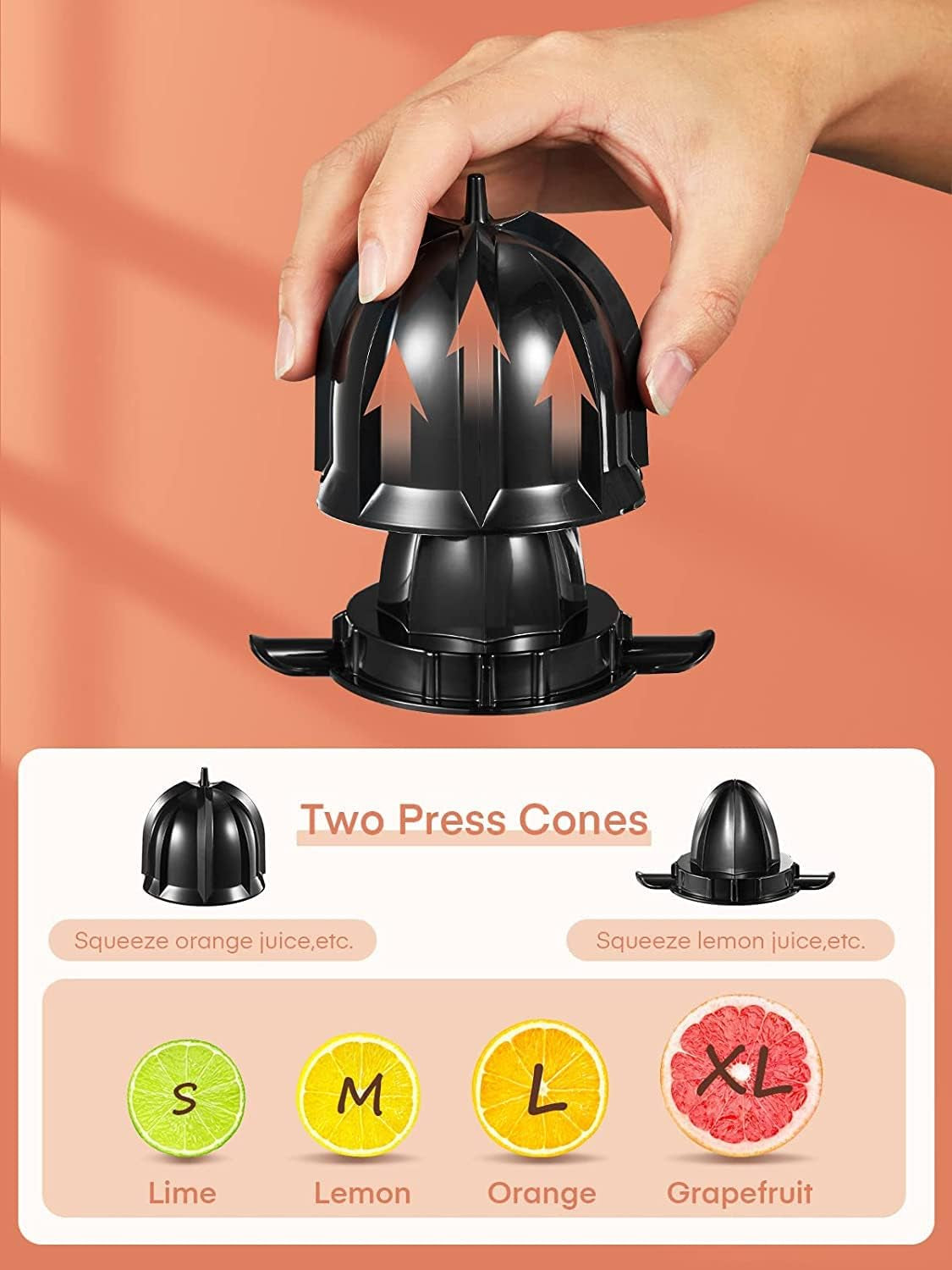 Compact Stainless Steel Electric Citrus Juicer - Citrus Press Juicer Squeezer with 2 Size Cones, Humanized Handle, Ideal for Oranges, Lemons, Grapefruits, and Limes.