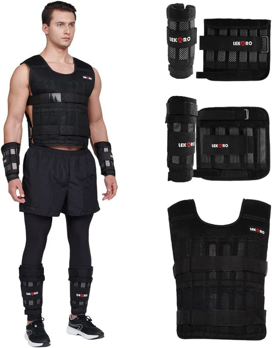 Complete Adjustable Weighted Vest Set with Arm and Leg Weights for Weight Training Workouts - Includes Jacket, Wrist Weights, Ankle Weights, and 96-100 Steel Plates