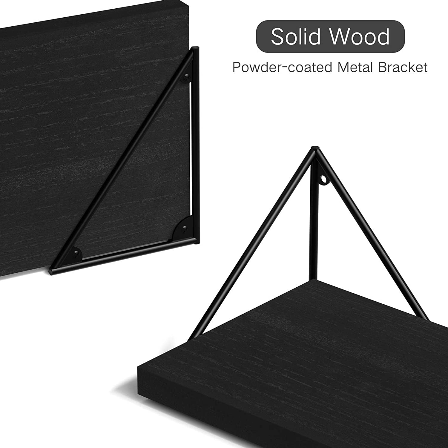 Set of 3 Rustic Wood Wall Mounted Floating Shelves - Ideal for Bedroom, Bathroom, Living Room, Kitchen in Black