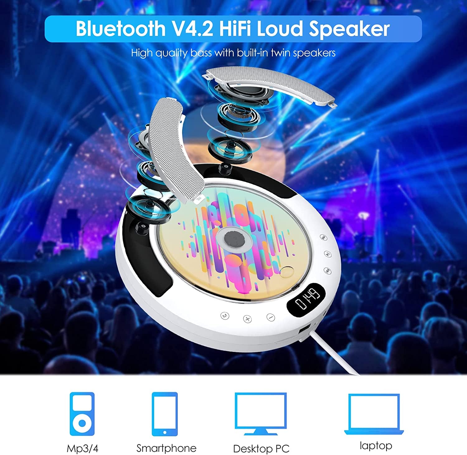 Portable Bluetooth CD Player - Wall Mountable for Home and Suitable for Car Use. This Desktop Music Player features Remote Control, Built-in HiFi Speakers, an LED Screen, FM Radio, and AUX Input/Output capabilities.