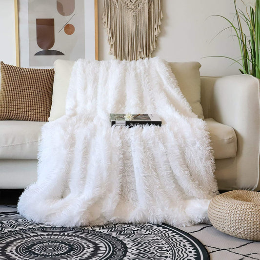 White Fluffy Throw Blanket - Perfect for Couches and Beds. This Soft Faux Fur Blanket is Comfy, Shaggy, Cozy, and Measures 50x60 inches.