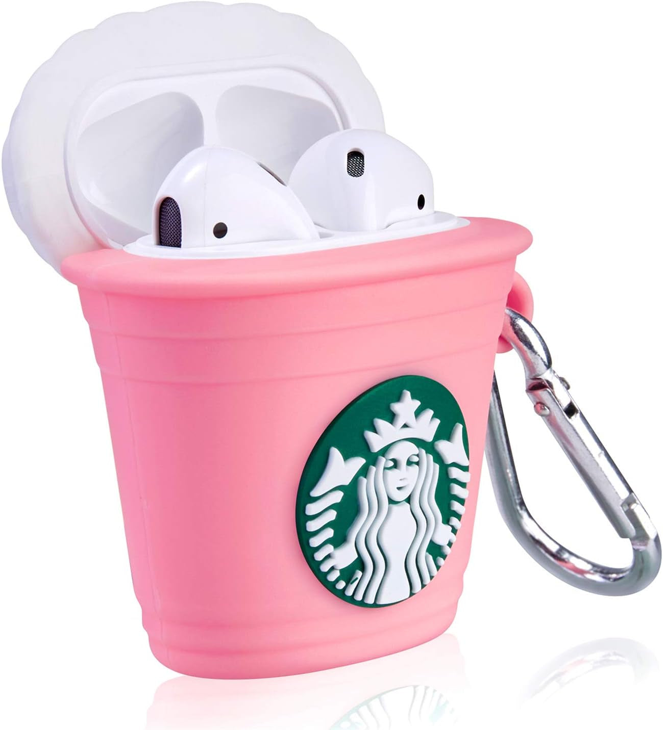 Pink coffee cup silicone AirPods case with 3D character design and keychain.