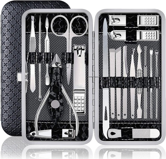  Professional Stainless Steel Manicure Set - Complete Nail Grooming Kit for Women and Men - Travel-friendly (19pcs, Black)