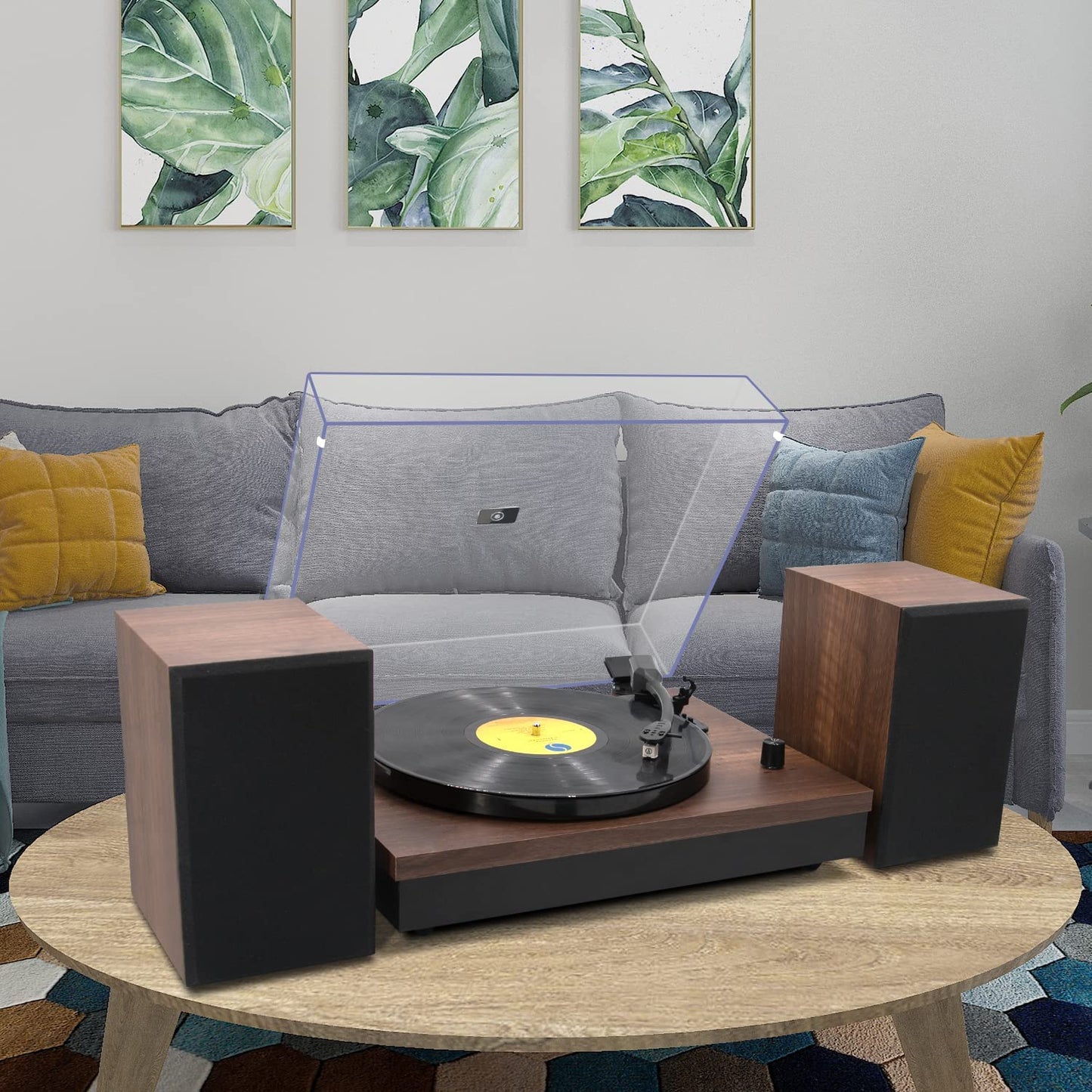 Wireless Turntable HiFi System with Bookshelf Speakers - This 2-Speed Belt-Drive Turntable for Vinyl Records offers Wireless Playback and Auto-Stop feature. It comes in a Walnut finish.