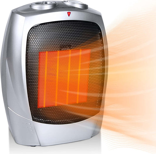 Portable Electric Space Heater - A 1500W/750W Ceramic Heater with Thermostat that can quickly heat up a room of up to 200 sq. ft. It's designed to be safe and quiet, making it ideal for use in offices, homes, on desks, and indoors.