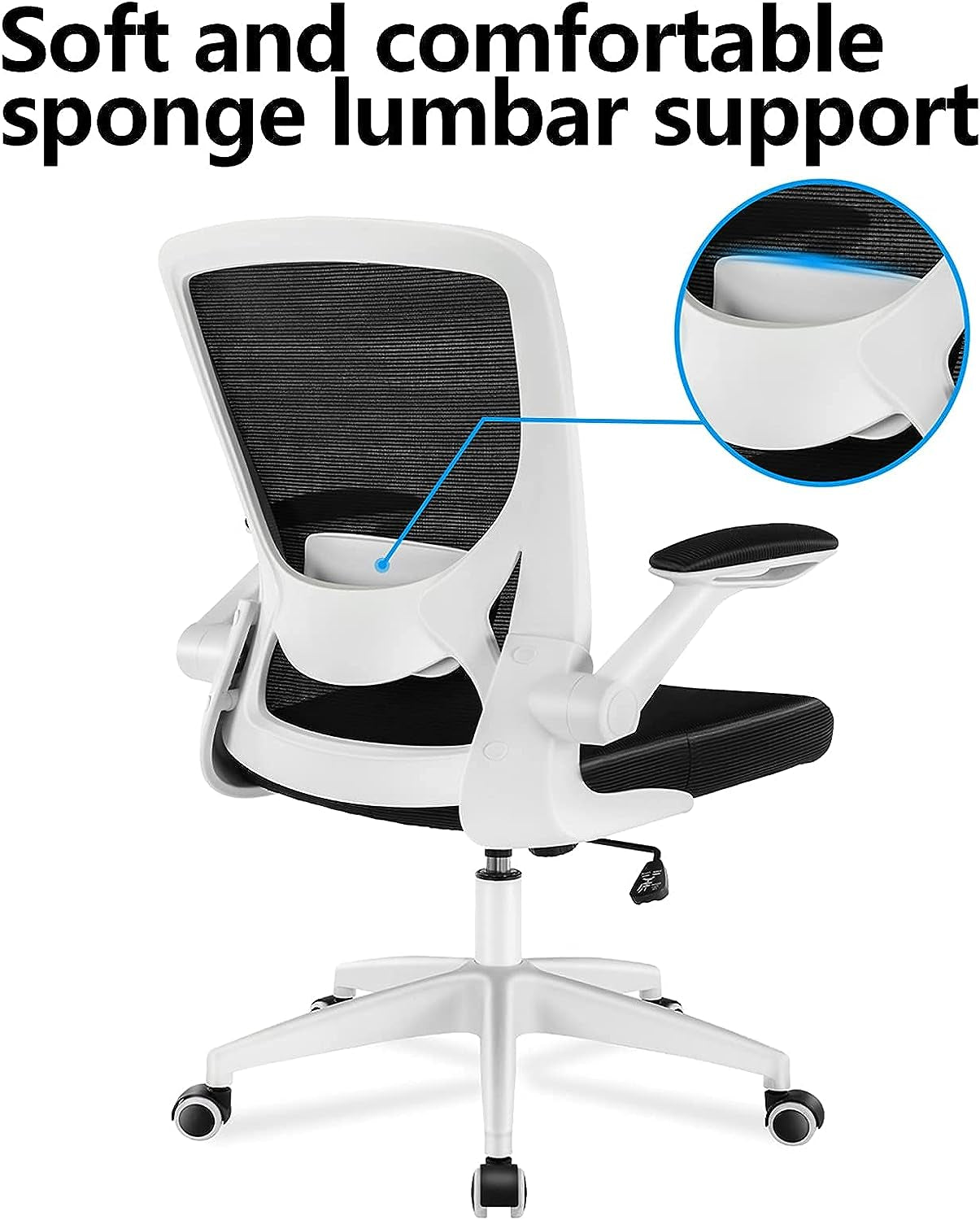 Ergonomic Office Chair - Breathable Mesh Design with Lumbar Support - Features Wheels and Flip-Up Arms - Swivel Task Chair - Adjustable Height - Suitable for Home or Gaming Use - Color: White