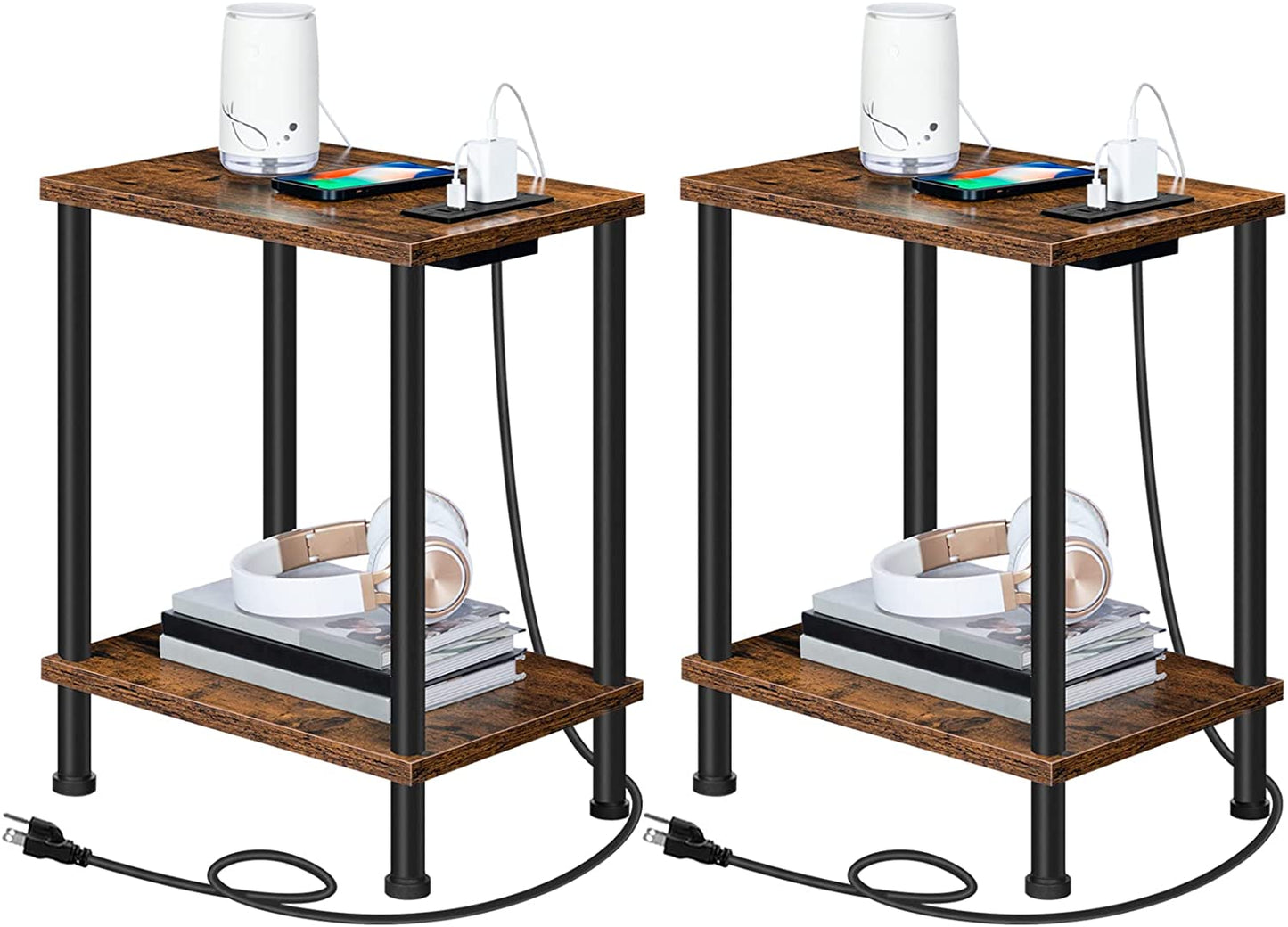 Charging Station Side Table: Rustic Brown End Table with USB Ports, Outlet, and 2-Layer Storage Shelves - Perfect for Small Spaces, Living Room, Bedroom - Stable Frame