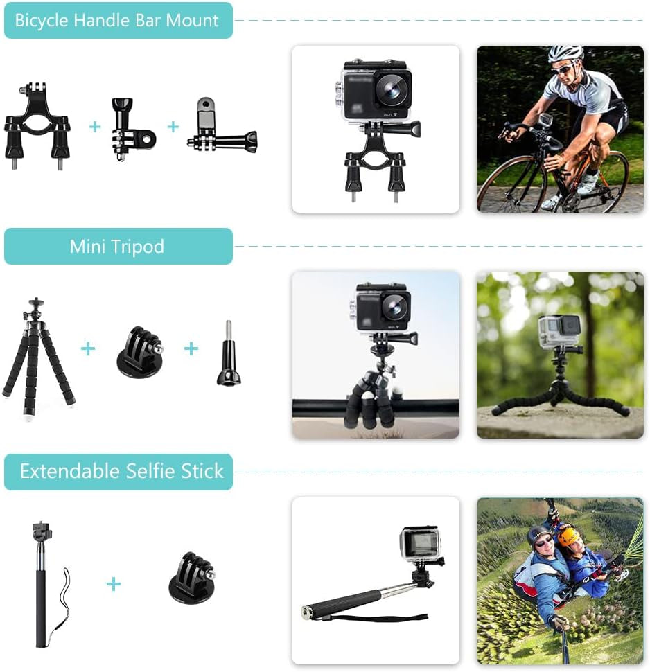 50-in-1 Outdoor Sports Camera Accessories Kit for GoPro Hero 10 9 8 7 6 5 4 Fusion AKASO EK7000 APEMAN Campark - Complete Accessory Bundle Kit with Carry Case, Phone Holder, Charging Base, Tripod, Car Suction Cup, Bicycle Bracket, and More