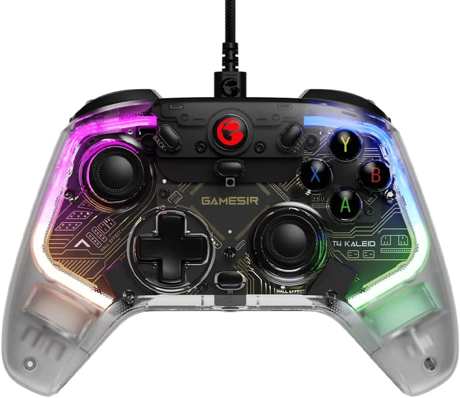 Kaleid Transparent T4 PC Controller - Wired Gaming Controller for PC, Switch, and Android TV Box. Plug and Play Gamepad Joystick featuring Hall Effect Sticks, Analog Triggers, 3.5mm Audio Jack, and 2 Back Buttons.