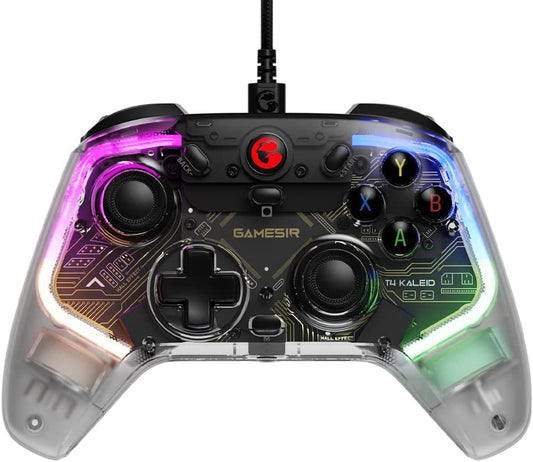 Kaleid Transparent T4 PC Controller - Wired Gaming Controller for PC, Switch, and Android TV Box. Plug and Play Gamepad Joystick featuring Hall Effect Sticks, Analog Triggers, 3.5mm Audio Jack, and 2 Back Buttons.